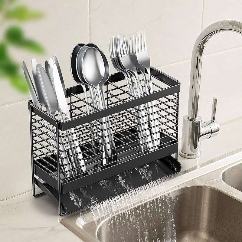 IWNTWY Utensil Holder, Upgrade Stainless Steel Utensil Drying Rack with Automatic Drain Tray for Kitchen Counter, Silverware Cutlery Organizer for Spoons, Forks, Knifes, Chopsticks (Black) - Image 2