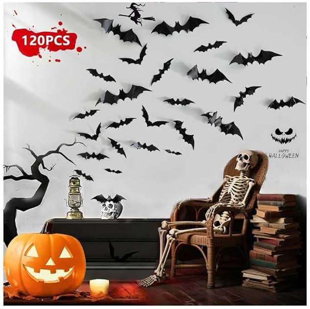 120pcs Halloween Bats Decorations Outdoor Indoor, Halloween Party Supplies, 3D Bat Stickers for Wall Window Home Kitchen Scary Decor (4 Sizes, Black) - Image 1