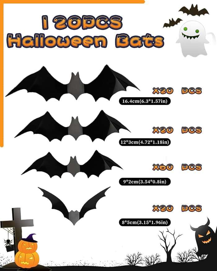 120pcs Halloween Bats Decorations Outdoor Indoor, Halloween Party Supplies, 3D Bat Stickers for Wall Window Home Kitchen Scary Decor (4 Sizes, Black) - Image 4
