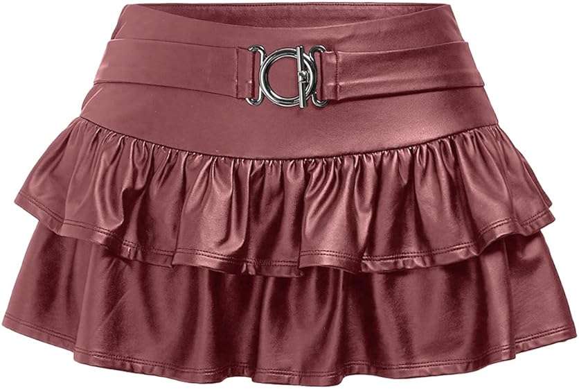 Floerns Women's Leather Y2k Mini Skirt Layered Ruffle Gothic Punk Low Rise Waist Skirt - Image 1