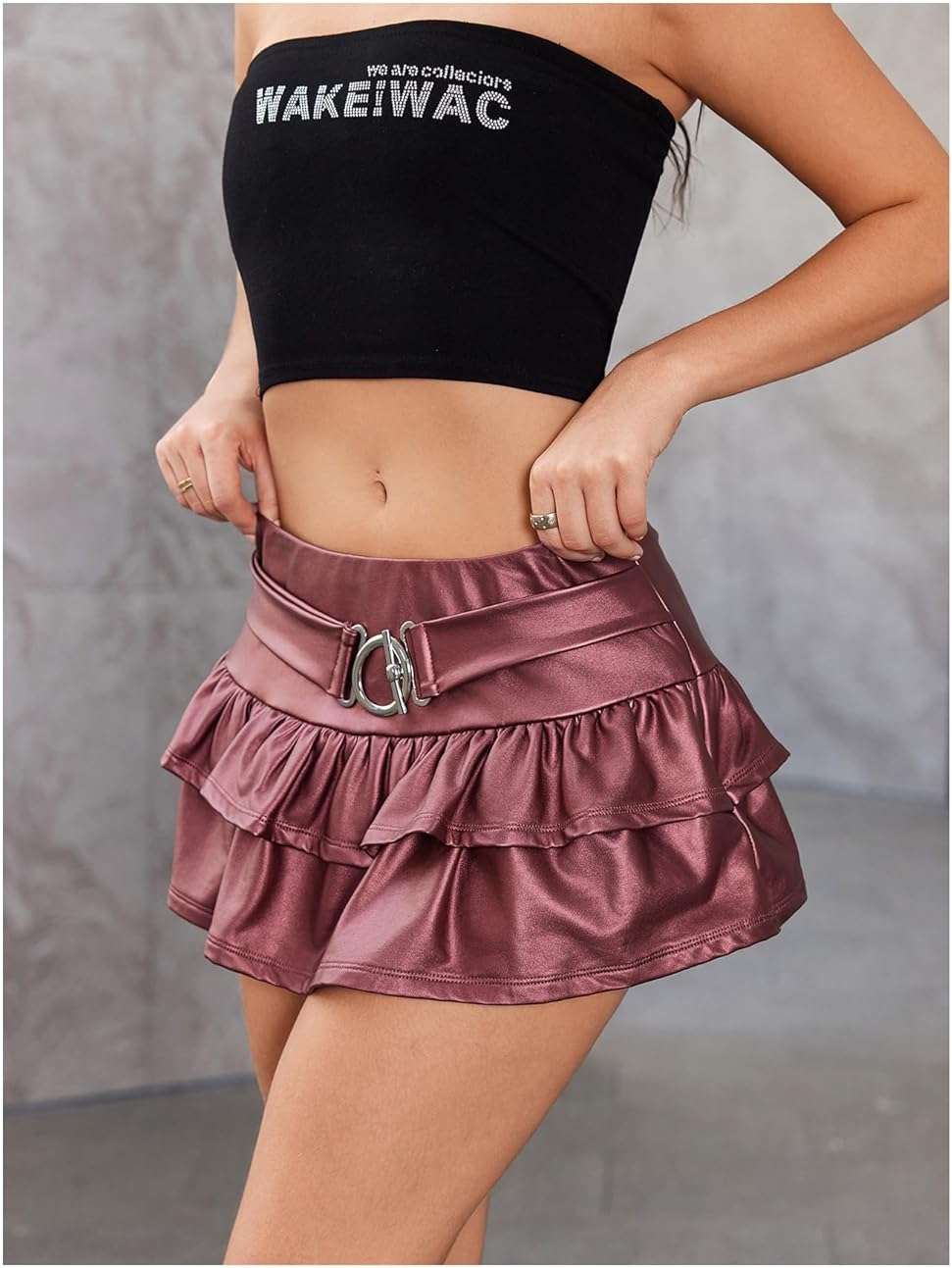 Floerns Women's Leather Y2k Mini Skirt Layered Ruffle Gothic Punk Low Rise Waist Skirt - Image 3