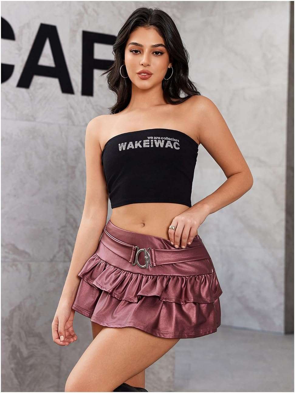 Floerns Women's Leather Y2k Mini Skirt Layered Ruffle Gothic Punk Low Rise Waist Skirt - Image 5