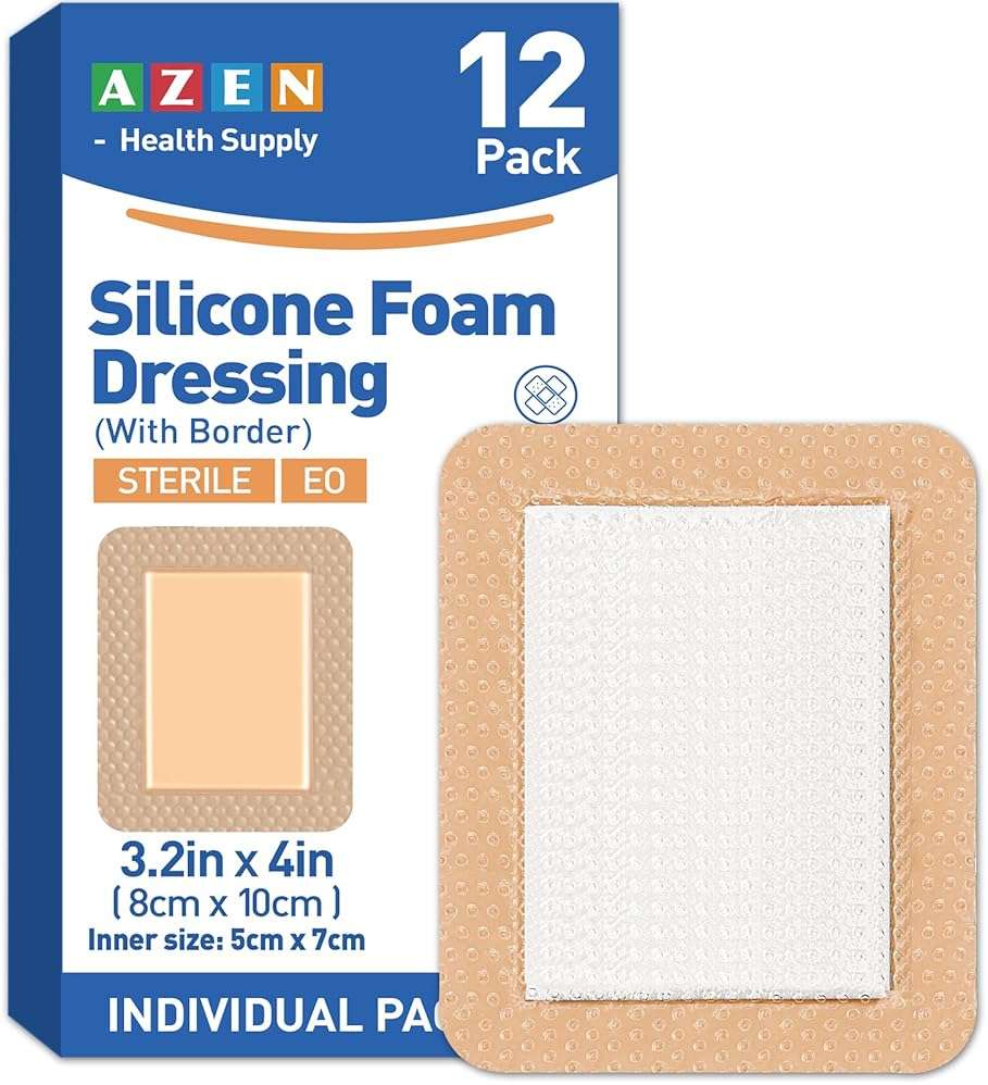 AZEN 12 Pack Silicone Foam Dressing, 3.2" X 4" Waterproof Silicone Bandages with Border Adhesive, Large Bandages for Wounds, Self Adhesive Wound Care and Dressings - Image 1