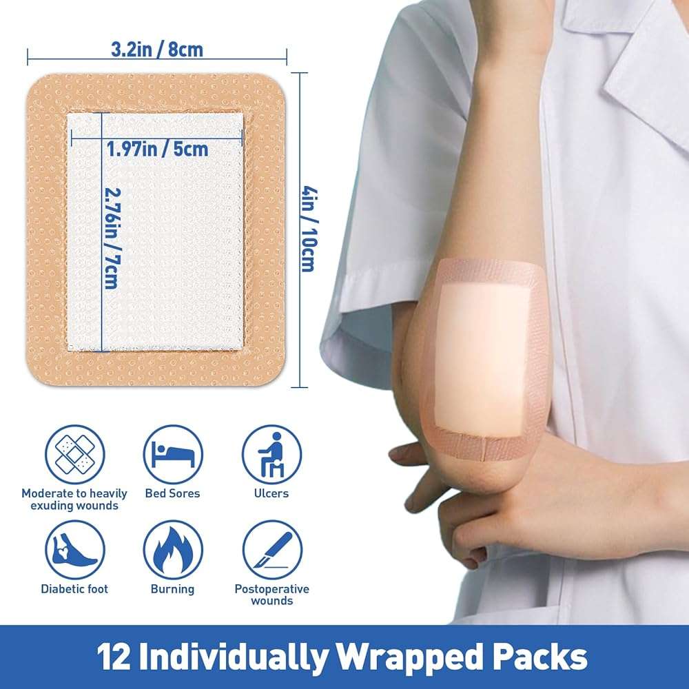 AZEN 12 Pack Silicone Foam Dressing, 3.2" X 4" Waterproof Silicone Bandages with Border Adhesive, Large Bandages for Wounds, Self Adhesive Wound Care and Dressings - Image 2