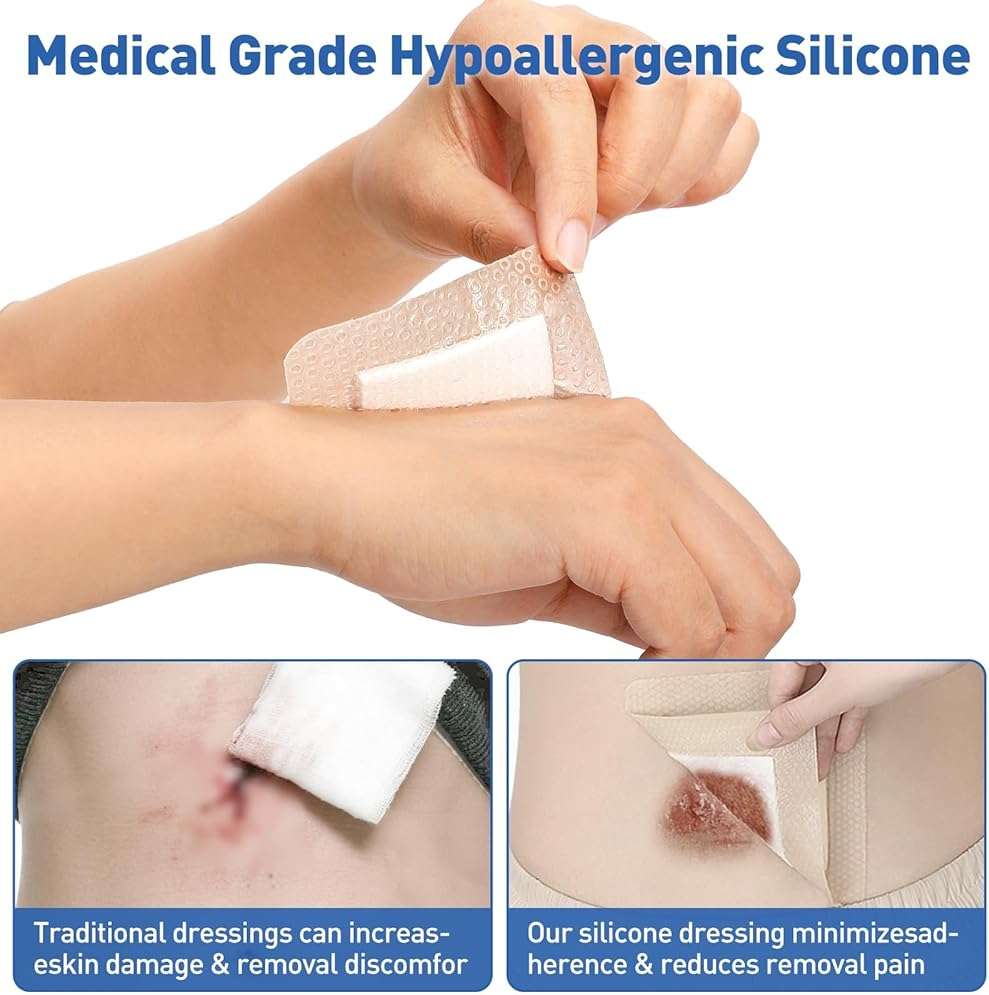 AZEN 12 Pack Silicone Foam Dressing, 3.2" X 4" Waterproof Silicone Bandages with Border Adhesive, Large Bandages for Wounds, Self Adhesive Wound Care and Dressings - Image 3