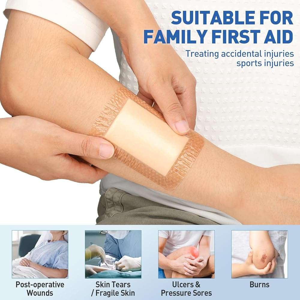AZEN 12 Pack Silicone Foam Dressing, 3.2" X 4" Waterproof Silicone Bandages with Border Adhesive, Large Bandages for Wounds, Self Adhesive Wound Care and Dressings - Image 6