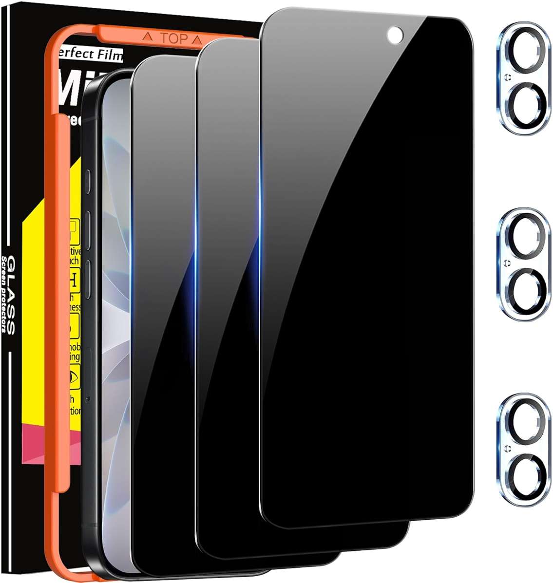 Milomdoi 3 Pack Privacy Screen Protector for iPhone 17 [Phone Case Friendly] Accessories Private Film, 3 Pacs Tempered Glass Camera Lens Protector, with Mounting Frame for Apple Anti Spy,Black - Image 1