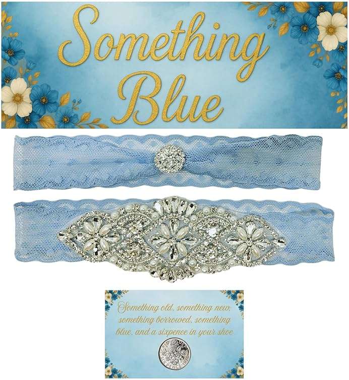 Something Blue Lace Garter - Rhinestone Pearl Set with Toss Garter – with Sixpence Coin Keepsake Liga Para La Boda - Image 1
