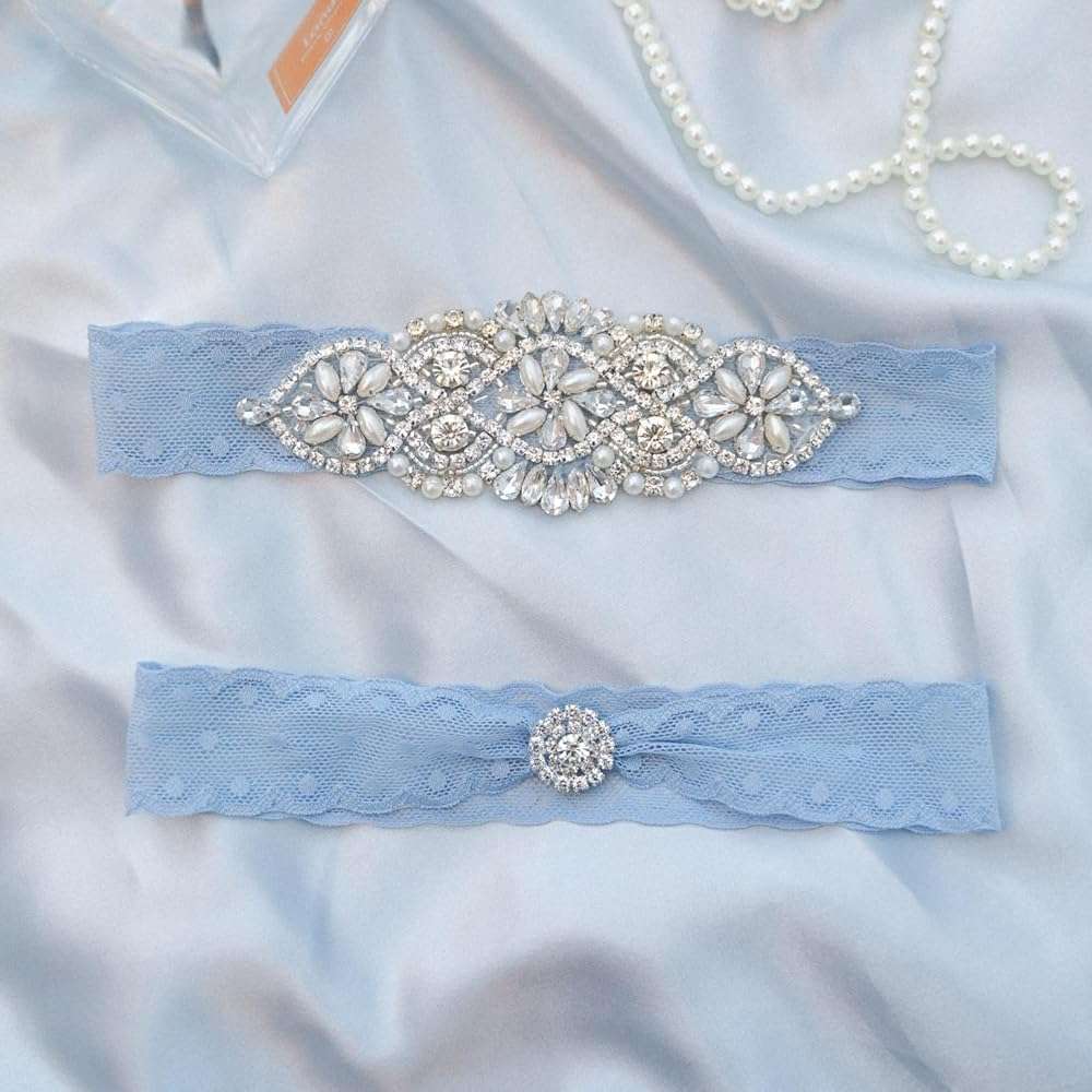 Something Blue Lace Garter - Rhinestone Pearl Set with Toss Garter – with Sixpence Coin Keepsake Liga Para La Boda - Image 2
