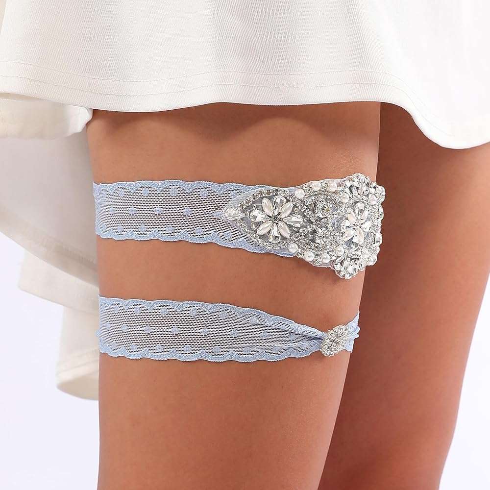 Something Blue Lace Garter - Rhinestone Pearl Set with Toss Garter – with Sixpence Coin Keepsake Liga Para La Boda - Image 3