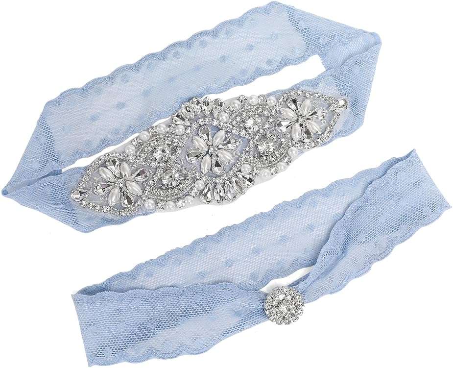 Something Blue Lace Garter - Rhinestone Pearl Set with Toss Garter – with Sixpence Coin Keepsake Liga Para La Boda - Image 5