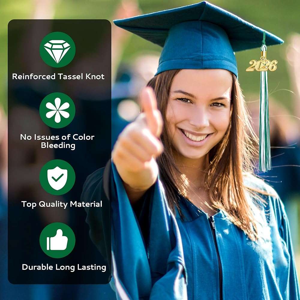 2026 Tassel Graduation, Green and White Graduation Tassel, 2026 Tassel Charms for Graduations Cap Decorations, Tassels Memorial Grad Cords for College High School Graduate Hat Ceremonies Accessories - Image 4