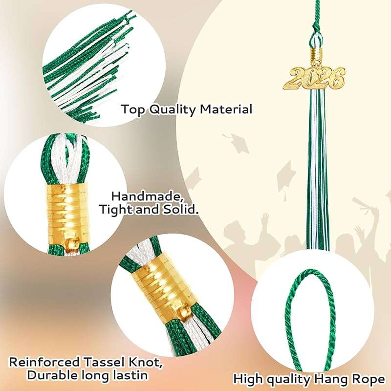 2026 Tassel Graduation, Green and White Graduation Tassel, 2026 Tassel Charms for Graduations Cap Decorations, Tassels Memorial Grad Cords for College High School Graduate Hat Ceremonies Accessories - Image 5