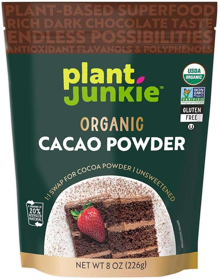 Plant Junkie Organic Cacao Powder, 8 oz - Unsweetened, Rich Dark Chocolate Taste, Certified Non GMO, Gluten Free, Kosher - Image 1