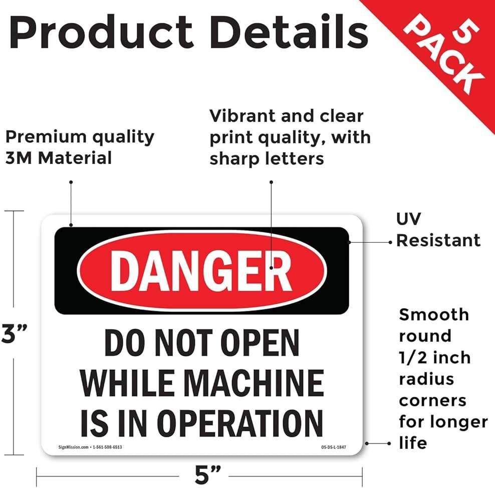Do Not Open While Machine Is In Operation OSHA Danger Vinyl Decal Label 5 Inch x 3.5 Inch - 5 Pack - Image 2