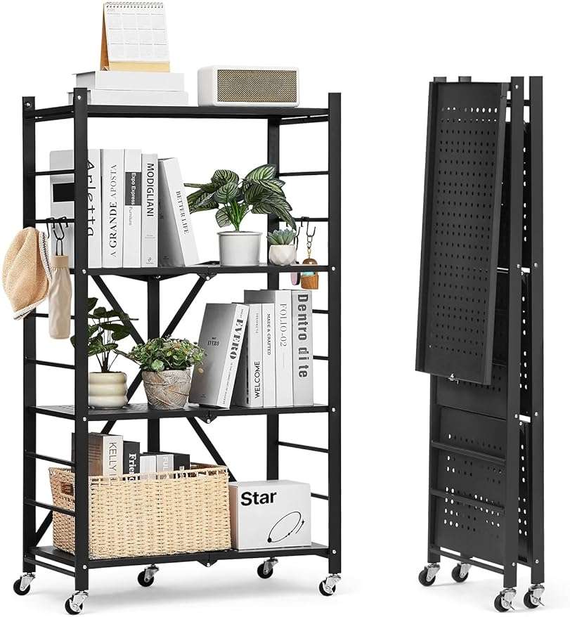 VEVOR 4-Tier Foldable Storage Shelf, 26W x 13D x 46H Inch Folding Metal Rack Shelving Unit, No Assembly Organizer Shelf with 5 Wheels & 4 Hooks for Pantry, Kitchen, Garage, Basement, Black - Image 1