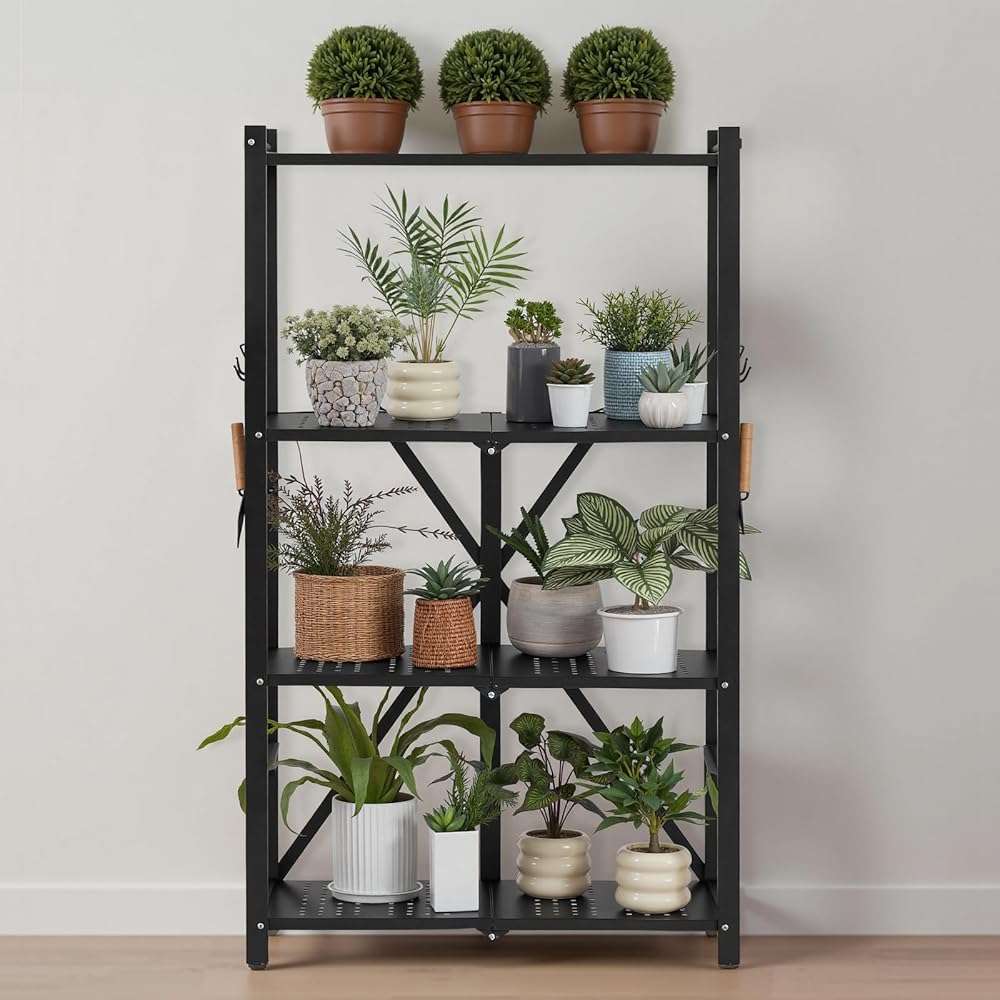 VEVOR 4-Tier Foldable Storage Shelf, 26W x 13D x 46H Inch Folding Metal Rack Shelving Unit, No Assembly Organizer Shelf with 5 Wheels & 4 Hooks for Pantry, Kitchen, Garage, Basement, Black - Image 2
