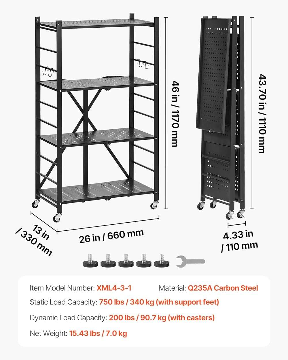 VEVOR 4-Tier Foldable Storage Shelf, 26W x 13D x 46H Inch Folding Metal Rack Shelving Unit, No Assembly Organizer Shelf with 5 Wheels & 4 Hooks for Pantry, Kitchen, Garage, Basement, Black - Image 3