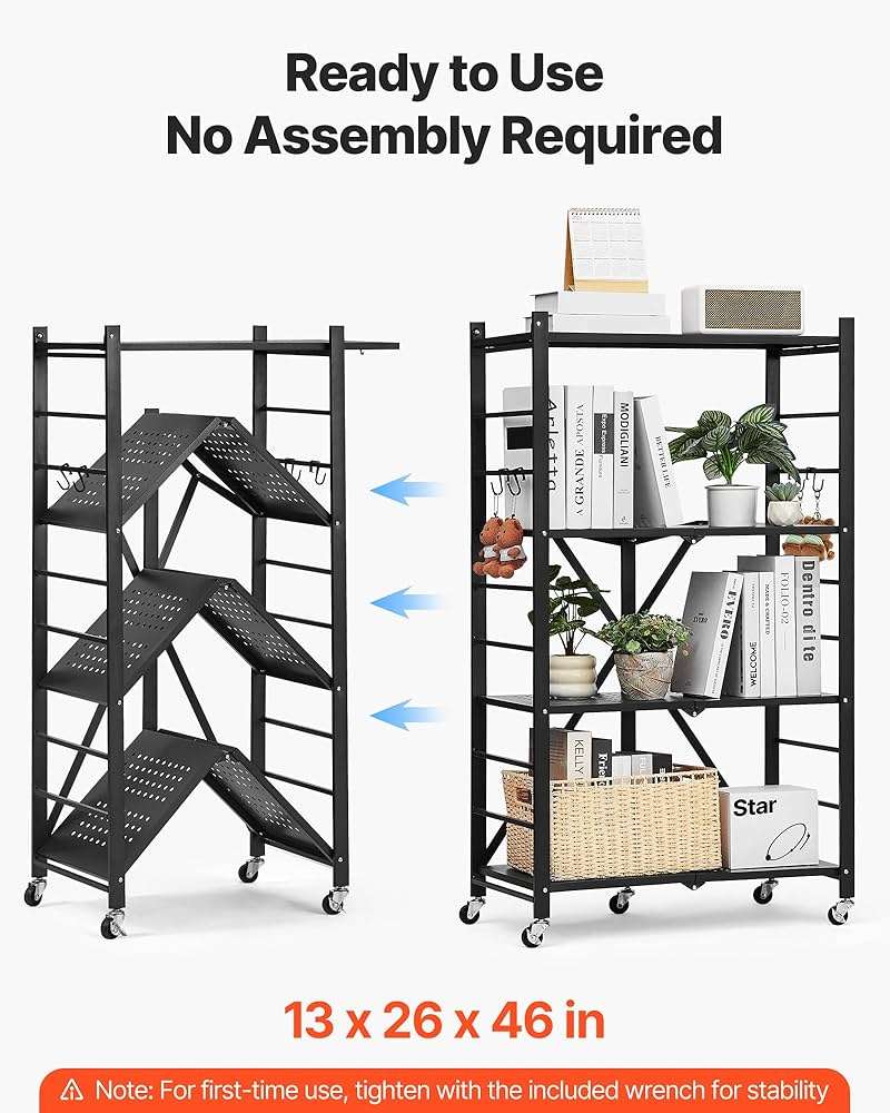 VEVOR 4-Tier Foldable Storage Shelf, 26W x 13D x 46H Inch Folding Metal Rack Shelving Unit, No Assembly Organizer Shelf with 5 Wheels & 4 Hooks for Pantry, Kitchen, Garage, Basement, Black - Image 4