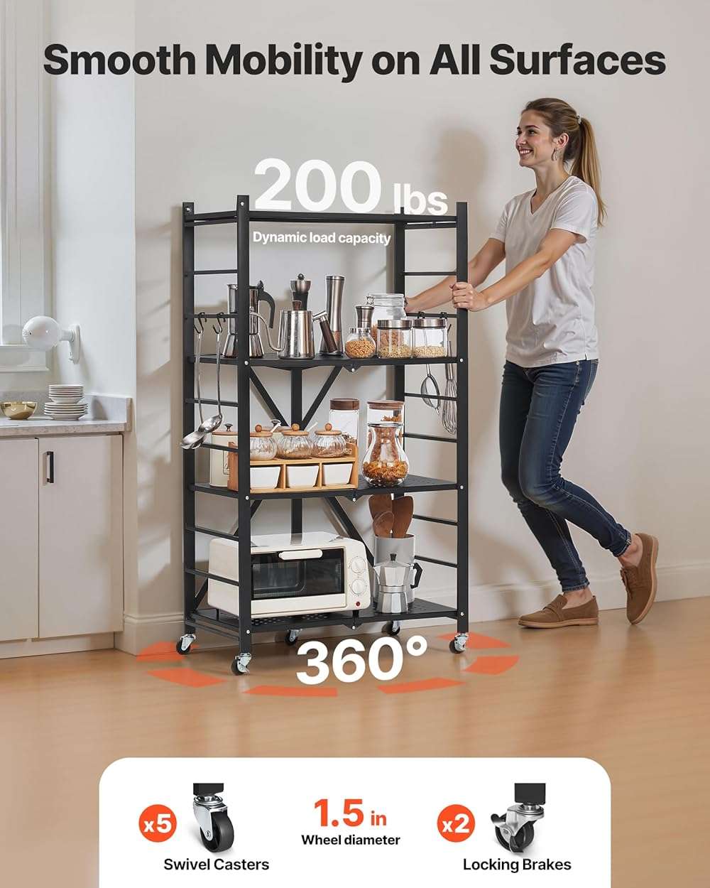 VEVOR 4-Tier Foldable Storage Shelf, 26W x 13D x 46H Inch Folding Metal Rack Shelving Unit, No Assembly Organizer Shelf with 5 Wheels & 4 Hooks for Pantry, Kitchen, Garage, Basement, Black - Image 5