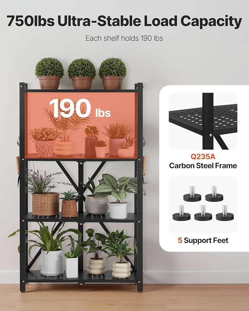 VEVOR 4-Tier Foldable Storage Shelf, 26W x 13D x 46H Inch Folding Metal Rack Shelving Unit, No Assembly Organizer Shelf with 5 Wheels & 4 Hooks for Pantry, Kitchen, Garage, Basement, Black - Image 6