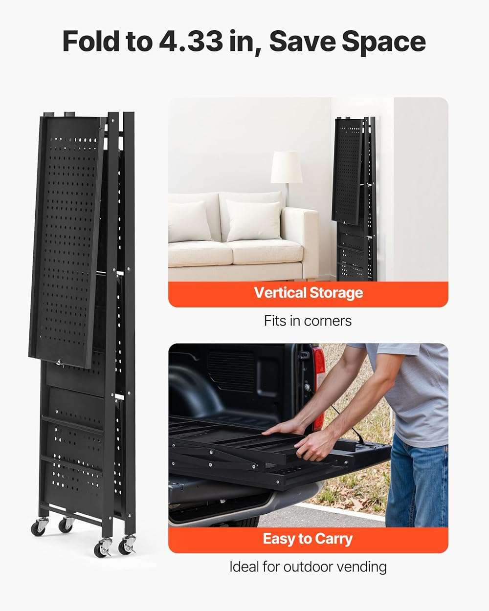 VEVOR 4-Tier Foldable Storage Shelf, 26W x 13D x 46H Inch Folding Metal Rack Shelving Unit, No Assembly Organizer Shelf with 5 Wheels & 4 Hooks for Pantry, Kitchen, Garage, Basement, Black - Image 7