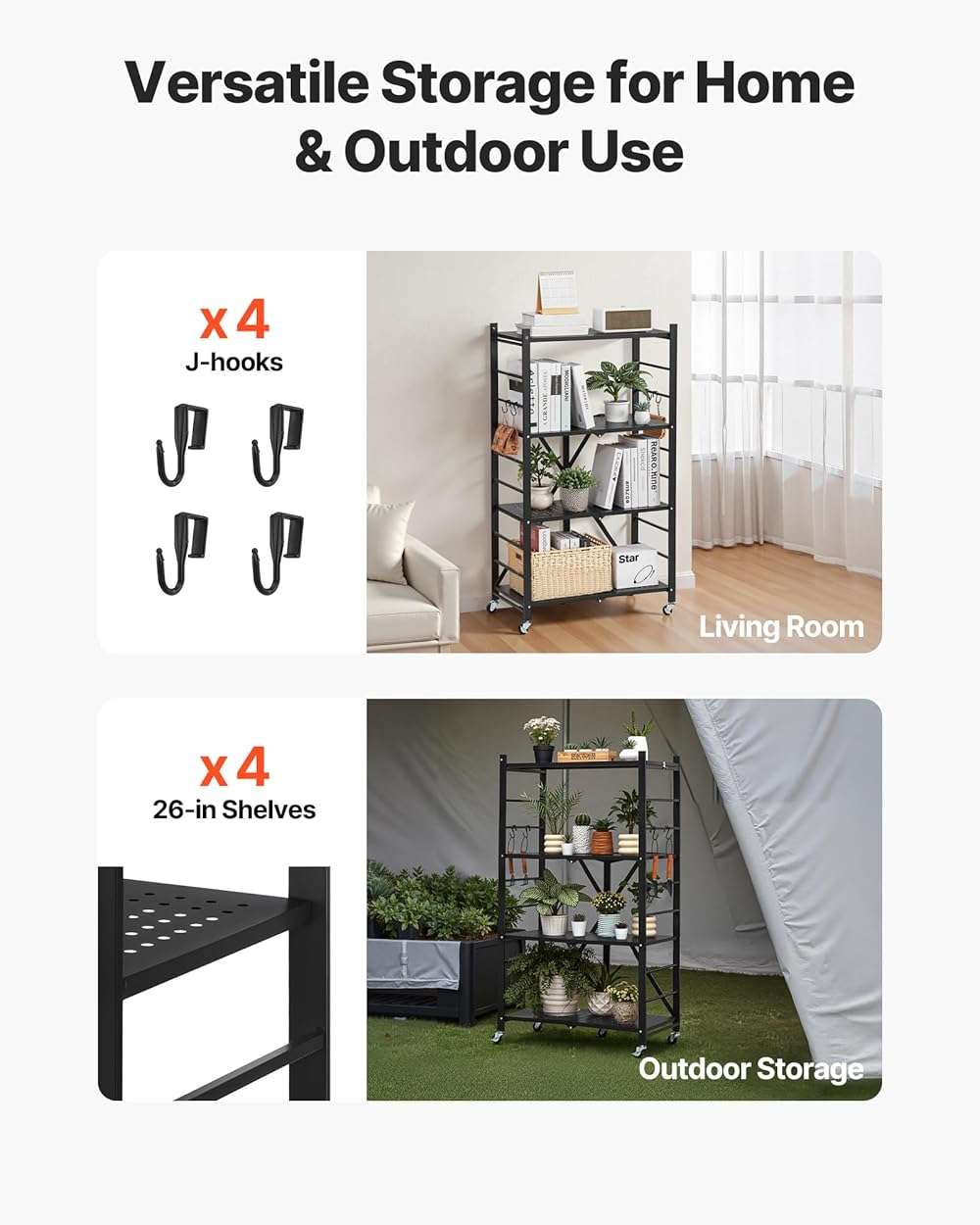 VEVOR 4-Tier Foldable Storage Shelf, 26W x 13D x 46H Inch Folding Metal Rack Shelving Unit, No Assembly Organizer Shelf with 5 Wheels & 4 Hooks for Pantry, Kitchen, Garage, Basement, Black - Image 8
