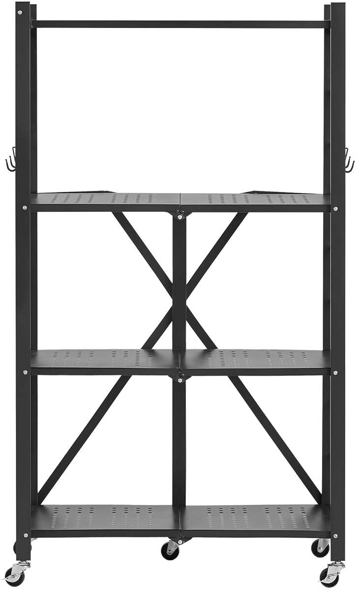 VEVOR 4-Tier Foldable Storage Shelf, 26W x 13D x 46H Inch Folding Metal Rack Shelving Unit, No Assembly Organizer Shelf with 5 Wheels & 4 Hooks for Pantry, Kitchen, Garage, Basement, Black - Image 9