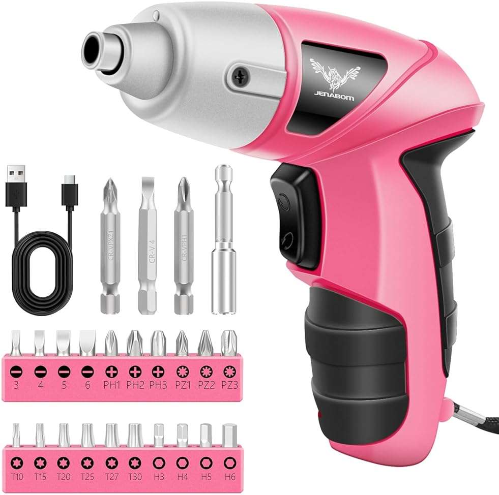 JENABOM Cordless Electric Screwdriver, 3.6V Rechargeable Power Screwdriver with 26pcs Driver Bit, Ideal for Small Projects, Home DIY&Women, Pink - Image 1