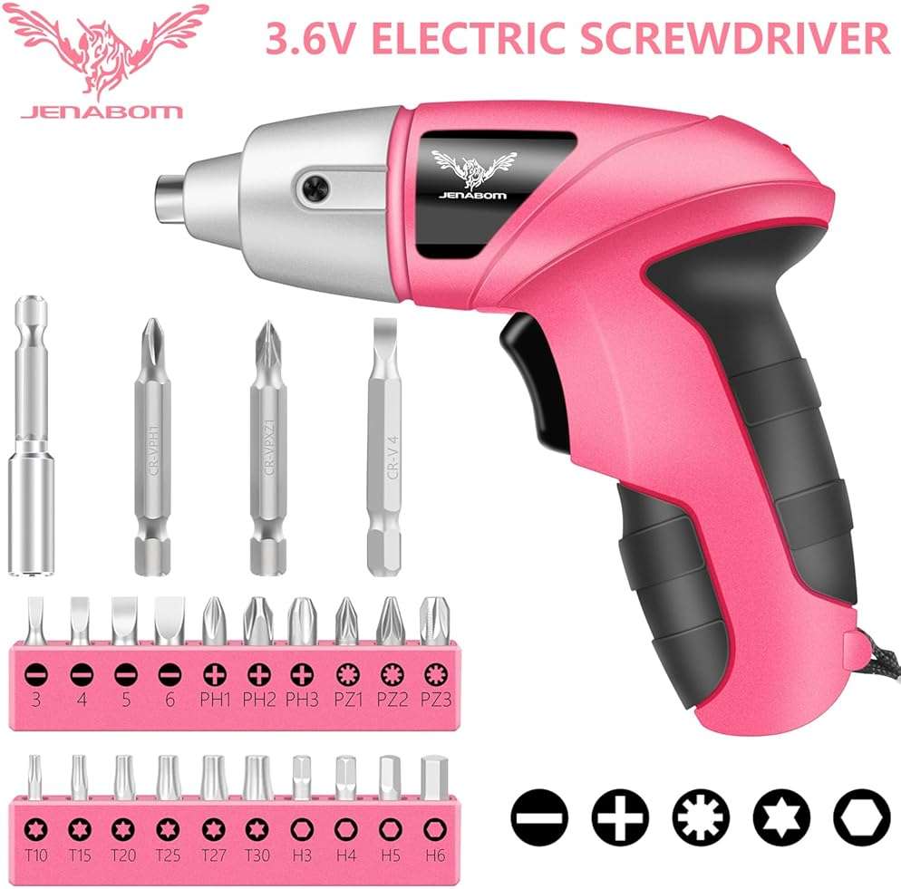 JENABOM Cordless Electric Screwdriver, 3.6V Rechargeable Power Screwdriver with 26pcs Driver Bit, Ideal for Small Projects, Home DIY&Women, Pink - Image 2