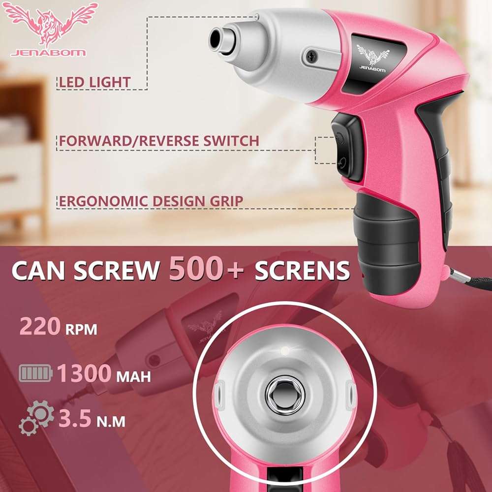 JENABOM Cordless Electric Screwdriver, 3.6V Rechargeable Power Screwdriver with 26pcs Driver Bit, Ideal for Small Projects, Home DIY&Women, Pink - Image 3