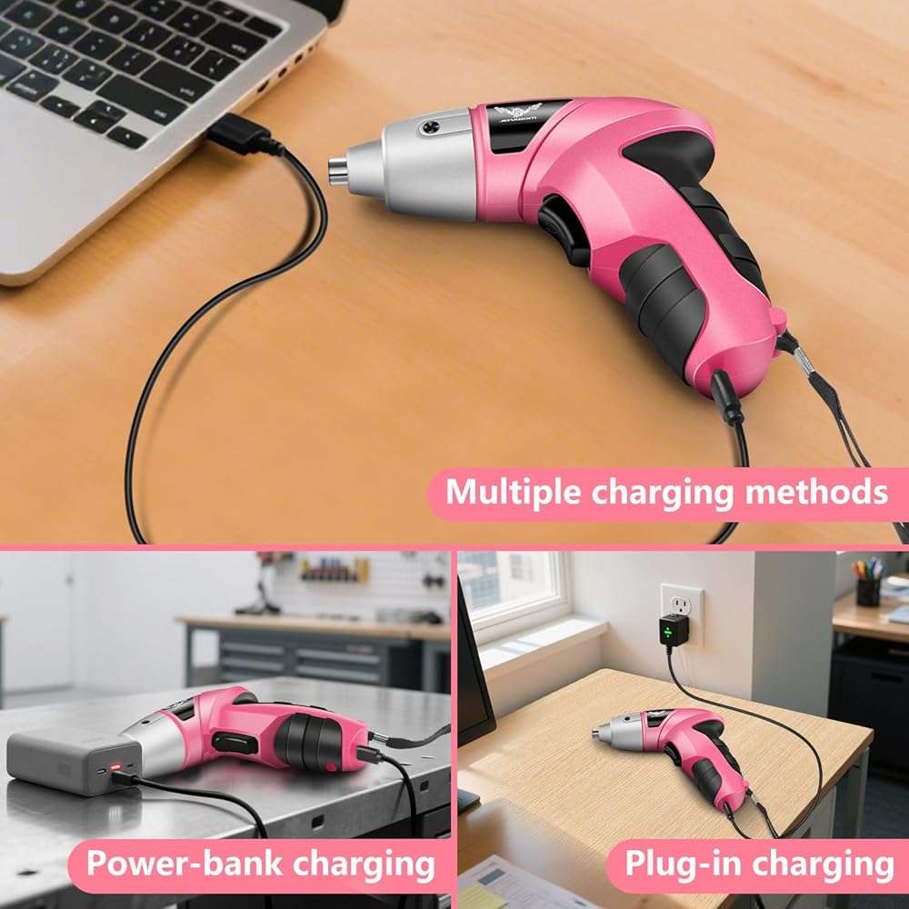 JENABOM Cordless Electric Screwdriver, 3.6V Rechargeable Power Screwdriver with 26pcs Driver Bit, Ideal for Small Projects, Home DIY&Women, Pink - Image 4