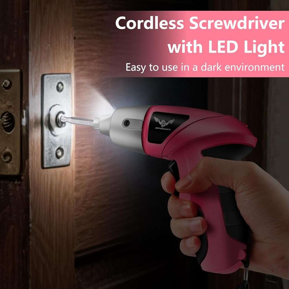 JENABOM Cordless Electric Screwdriver, 3.6V Rechargeable Power Screwdriver with 26pcs Driver Bit, Ideal for Small Projects, Home DIY&Women, Pink - Image 6