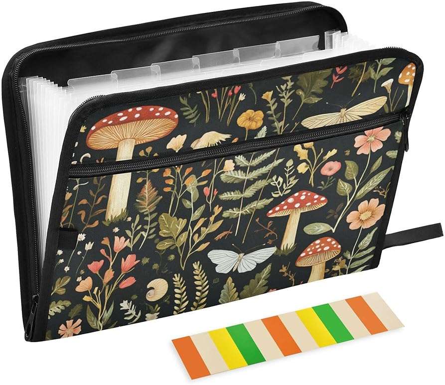 Mushroom Botanical Dragonflies Butterflies Expanding File Folder with Sticky Labels, 13 Pockets Accordion File Folder Document Organizer Expandable Zip File Folder with Zipper Closure - Image 1