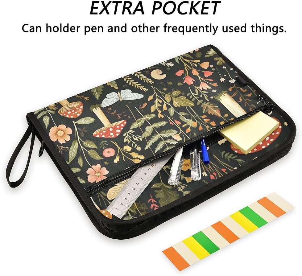 Mushroom Botanical Dragonflies Butterflies Expanding File Folder with Sticky Labels, 13 Pockets Accordion File Folder Document Organizer Expandable Zip File Folder with Zipper Closure - Image 2