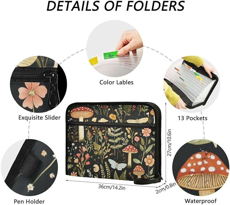 Mushroom Botanical Dragonflies Butterflies Expanding File Folder with Sticky Labels, 13 Pockets Accordion File Folder Document Organizer Expandable Zip File Folder with Zipper Closure - Image 3