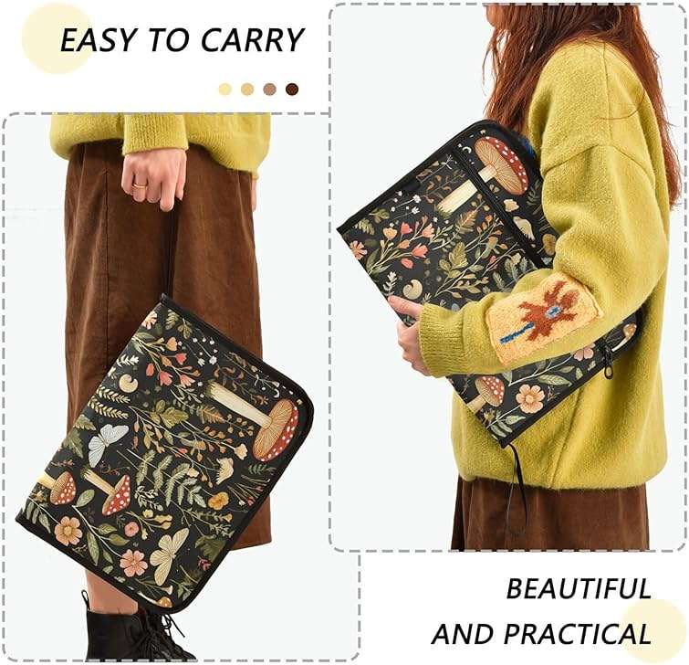 Mushroom Botanical Dragonflies Butterflies Expanding File Folder with Sticky Labels, 13 Pockets Accordion File Folder Document Organizer Expandable Zip File Folder with Zipper Closure - Image 4