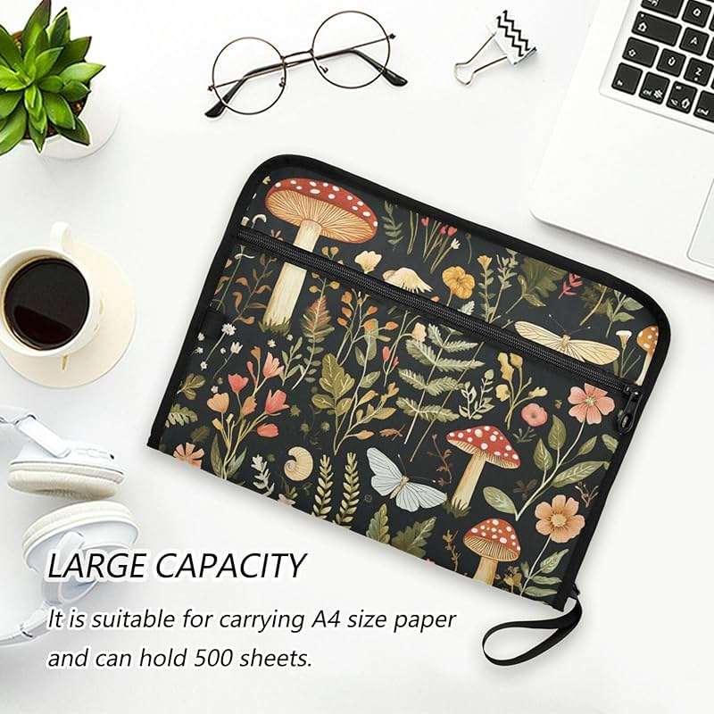 Mushroom Botanical Dragonflies Butterflies Expanding File Folder with Sticky Labels, 13 Pockets Accordion File Folder Document Organizer Expandable Zip File Folder with Zipper Closure - Image 6