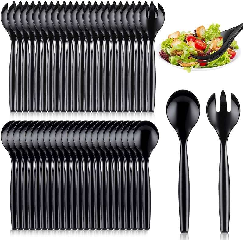 Mwellewm 32Pcs Serving Spoons 10'' Large Plastic Serving Utensils Set Slotted Disposable Serving Forks Heavy Duty Black Party Supplies for Buffet Restaurant Dinner Salad Noodles Soup - Image 1