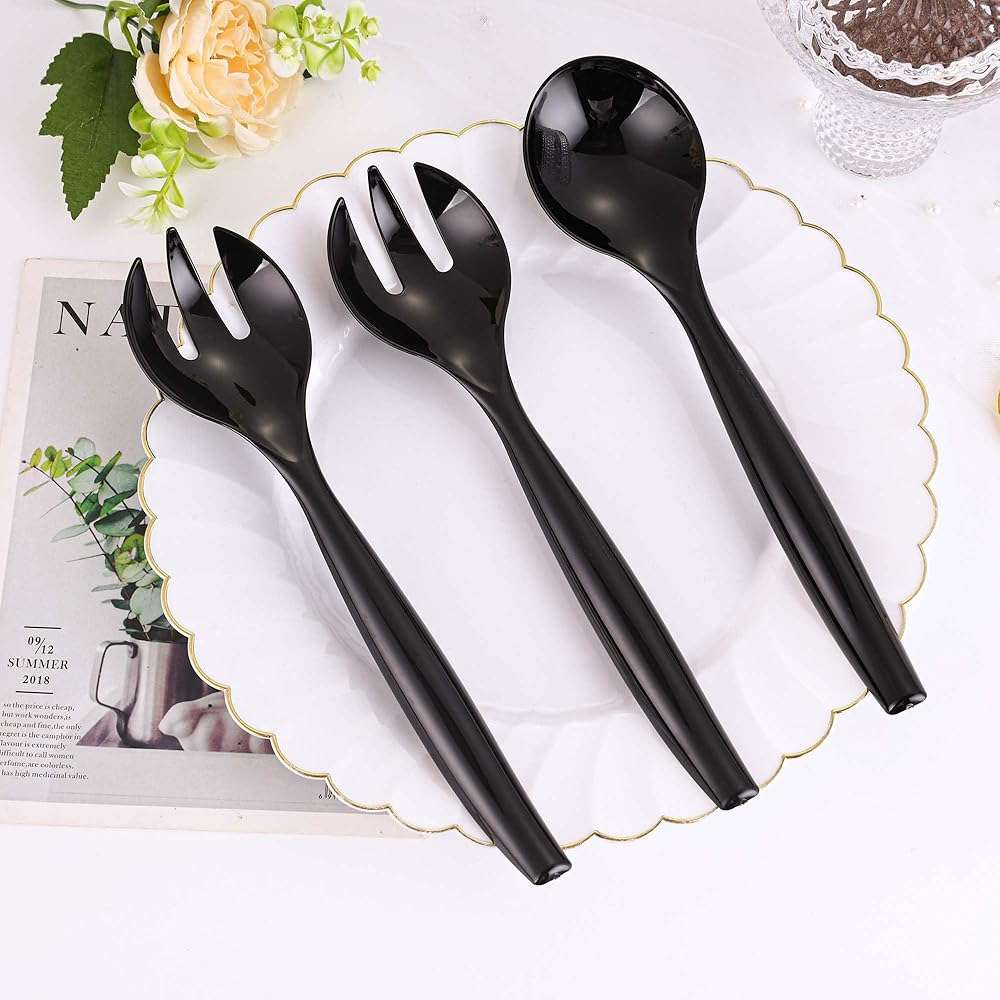 Mwellewm 32Pcs Serving Spoons 10'' Large Plastic Serving Utensils Set Slotted Disposable Serving Forks Heavy Duty Black Party Supplies for Buffet Restaurant Dinner Salad Noodles Soup - Image 2