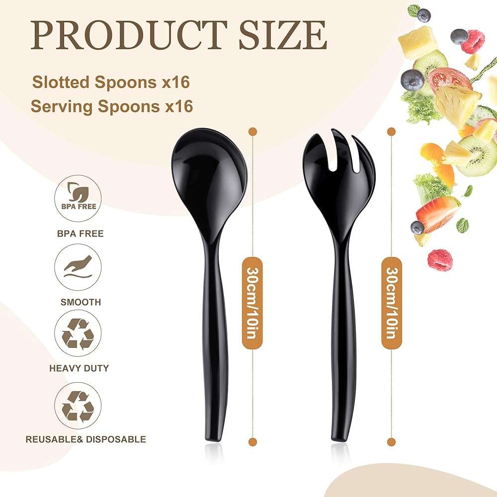 Mwellewm 32Pcs Serving Spoons 10'' Large Plastic Serving Utensils Set Slotted Disposable Serving Forks Heavy Duty Black Party Supplies for Buffet Restaurant Dinner Salad Noodles Soup - Image 3