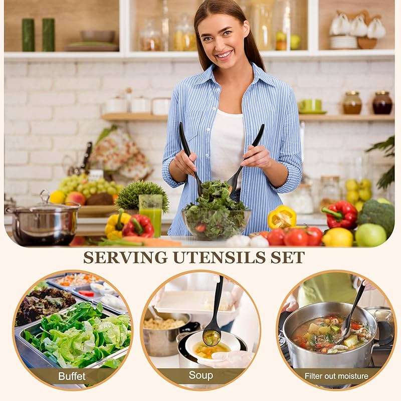 Mwellewm 32Pcs Serving Spoons 10'' Large Plastic Serving Utensils Set Slotted Disposable Serving Forks Heavy Duty Black Party Supplies for Buffet Restaurant Dinner Salad Noodles Soup - Image 4
