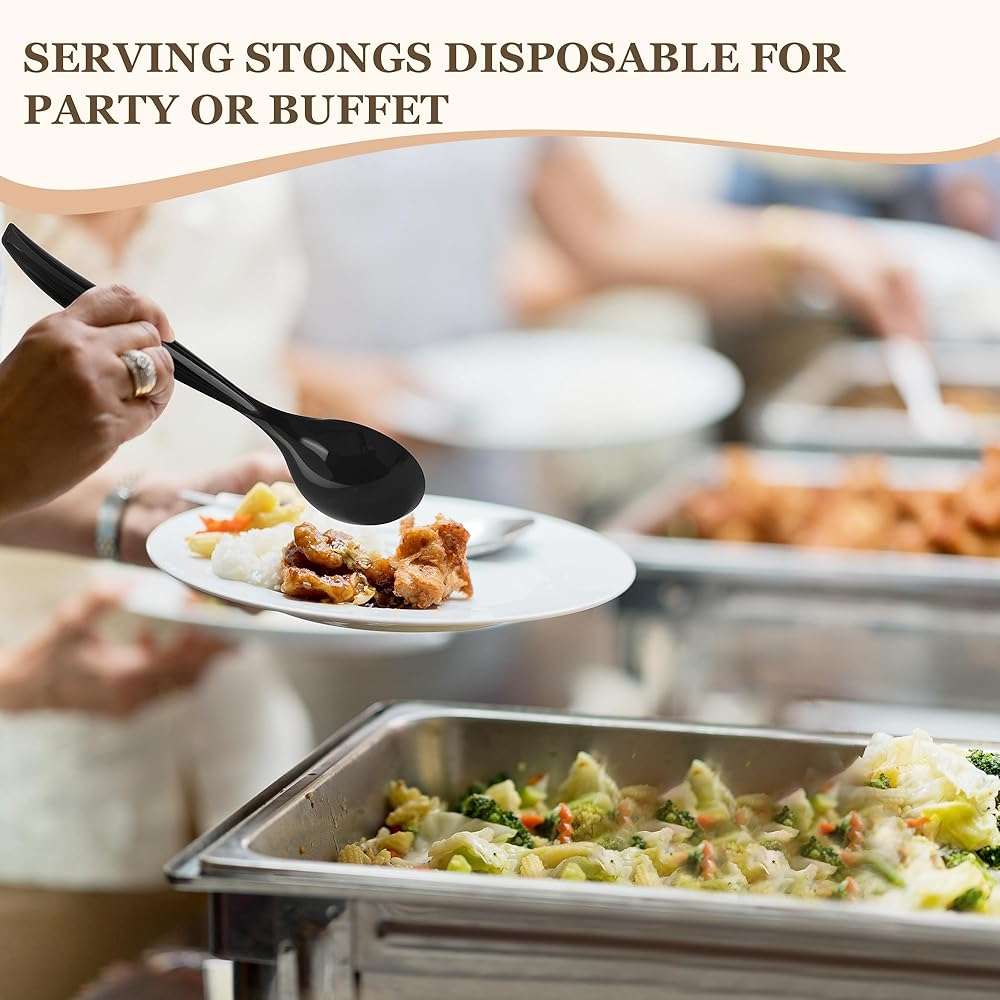 Mwellewm 32Pcs Serving Spoons 10'' Large Plastic Serving Utensils Set Slotted Disposable Serving Forks Heavy Duty Black Party Supplies for Buffet Restaurant Dinner Salad Noodles Soup - Image 5