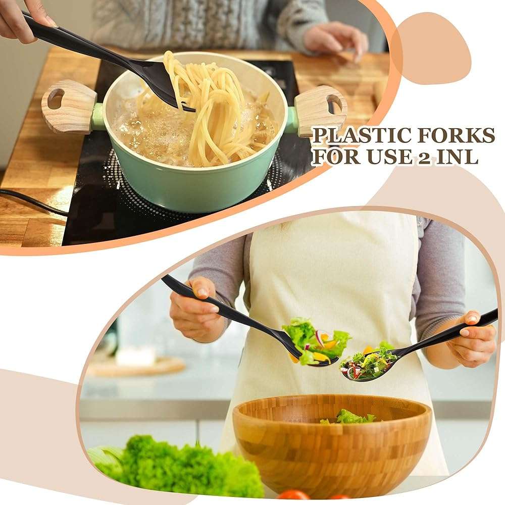 Mwellewm 32Pcs Serving Spoons 10'' Large Plastic Serving Utensils Set Slotted Disposable Serving Forks Heavy Duty Black Party Supplies for Buffet Restaurant Dinner Salad Noodles Soup - Image 6