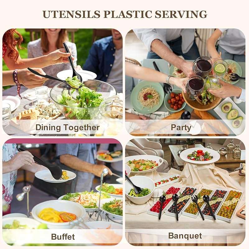 Mwellewm 32Pcs Serving Spoons 10'' Large Plastic Serving Utensils Set Slotted Disposable Serving Forks Heavy Duty Black Party Supplies for Buffet Restaurant Dinner Salad Noodles Soup - Image 7