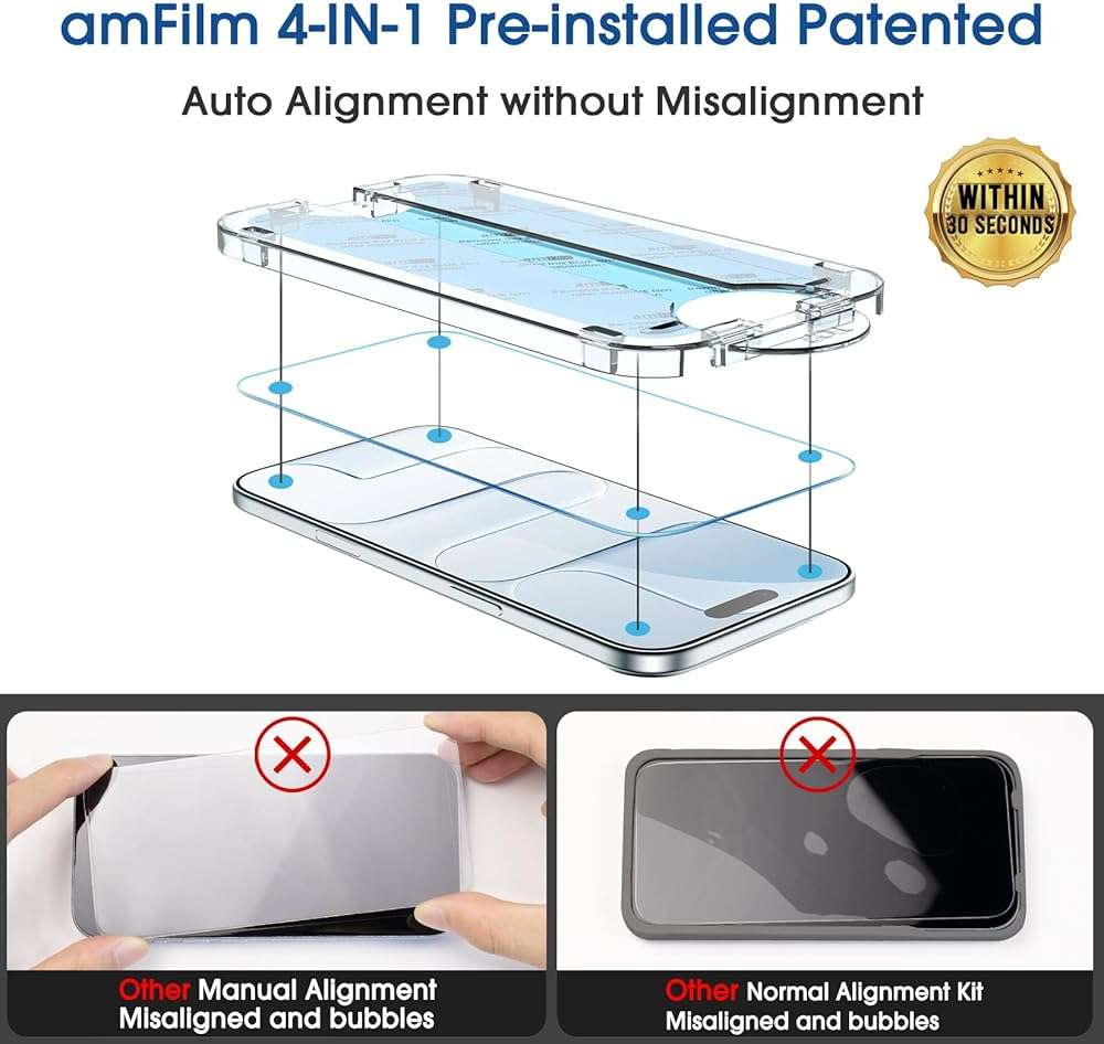 amFilm Auto-Alignment OneTouch Screen Protector for iPhone Air 17 [6.5"] + Camera Lens Protector, Bubble Free, 9H Tempered Glass, Anti-Scratch, Drop Protection, HD Clear, Case Friendly (17-6.5”) - Image 4
