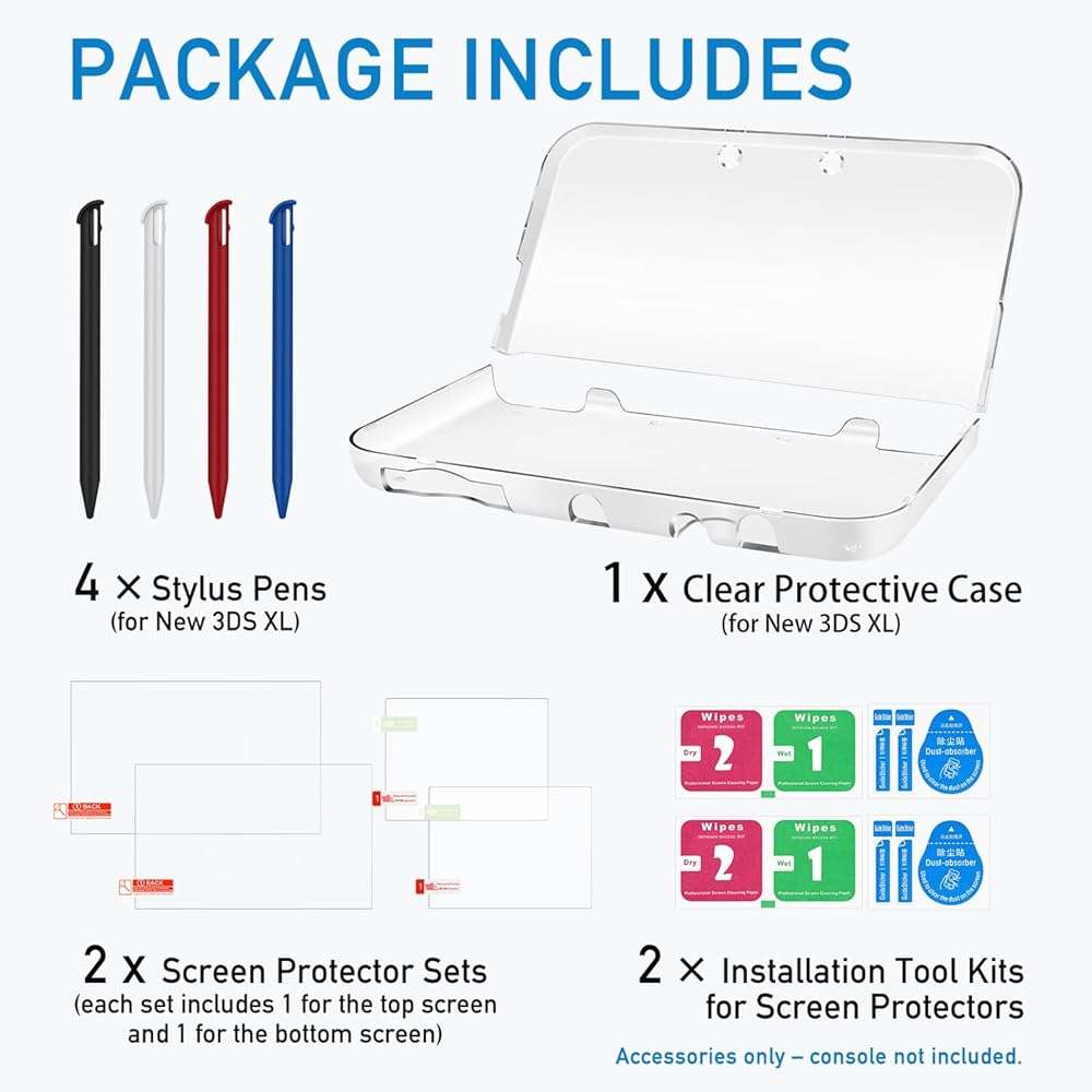 3-in-1 Accessories Kit for Nintendo New 3DS XL/LL – Clear Hard Case + Screen Protectors (Tempered Glass & PET) + 4 Stylus Pens – Protective Bundle Compatible with New 3DS LL/XL - Image 5
