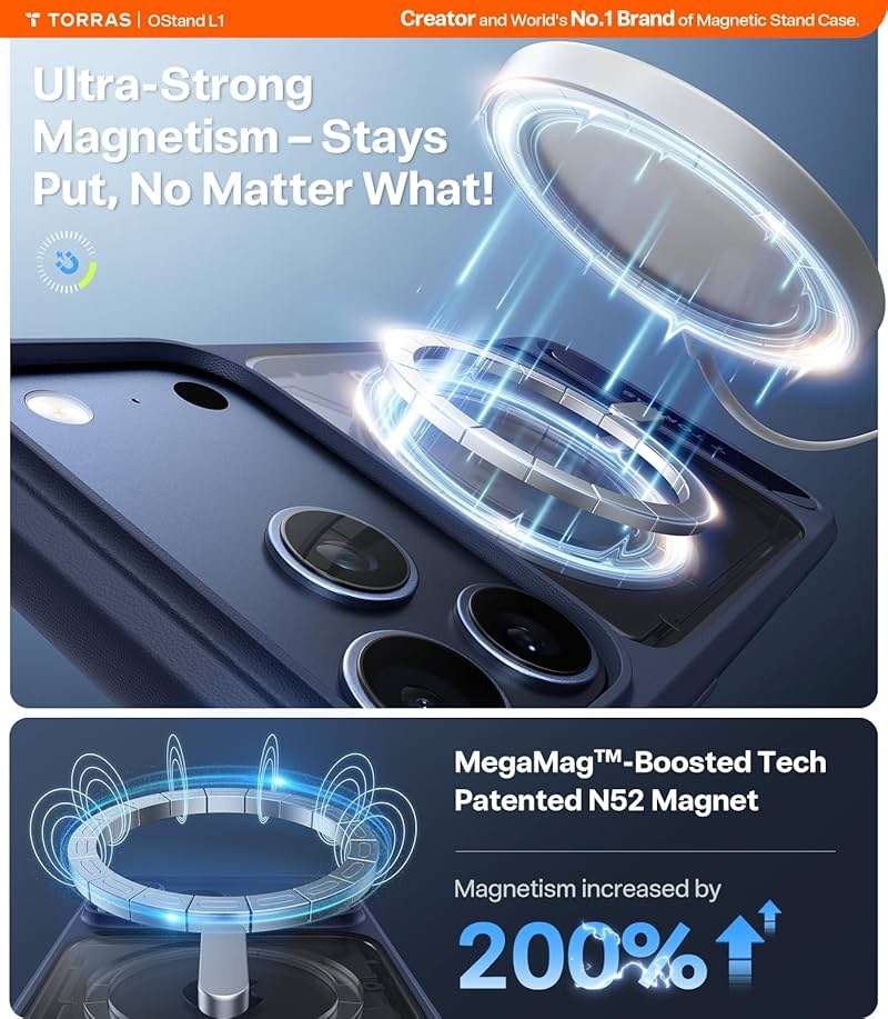 TORRAS Strong Magnetic & Seamless Stand for iPhone 17 Pro Max Case, Fit for MagSafe, Military Grade Drop Protection, Invisible Adjustable Kickstand, Camera Control Button, Translucent Matte Deep Blue - Image 2