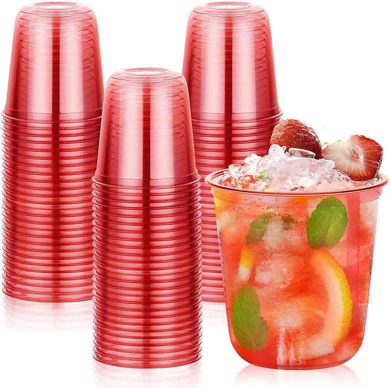 KesaPlan 50 Pcs Red Clear Plastic Cups for Party, 12 oz Disposable Stemless Wine Glasses, Cute Round Bottom Plastic Cocktail Cups for Christmas Valentine's Day Mother's Day Birthday Wedding Party - Image 1