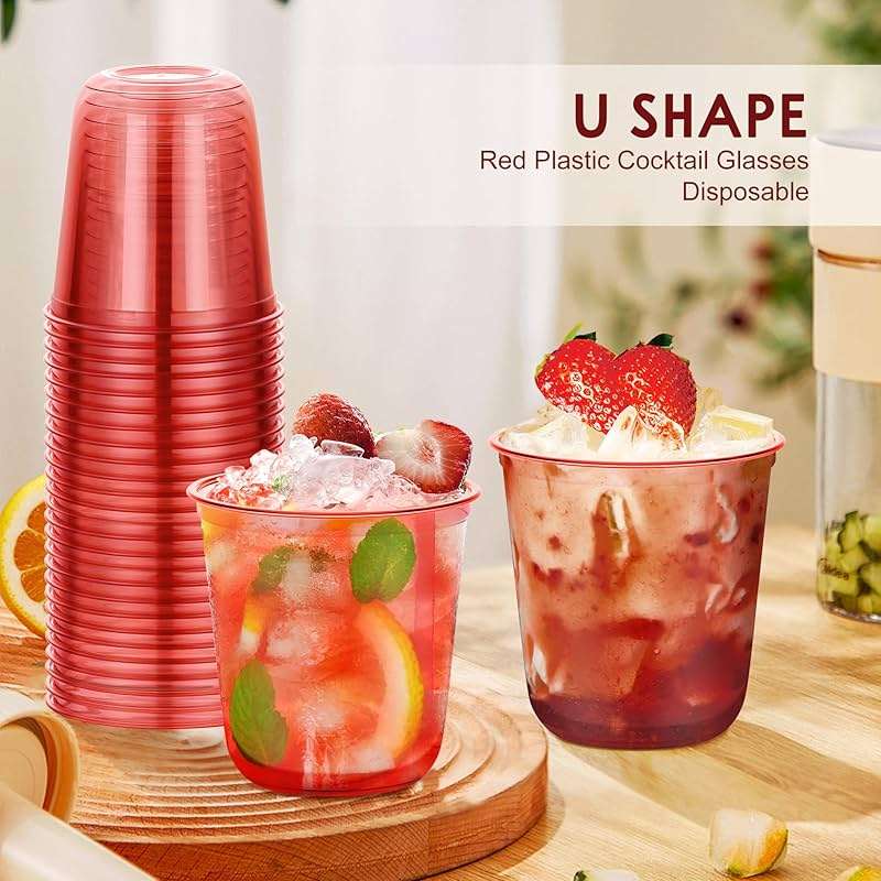 KesaPlan 50 Pcs Red Clear Plastic Cups for Party, 12 oz Disposable Stemless Wine Glasses, Cute Round Bottom Plastic Cocktail Cups for Christmas Valentine's Day Mother's Day Birthday Wedding Party - Image 2